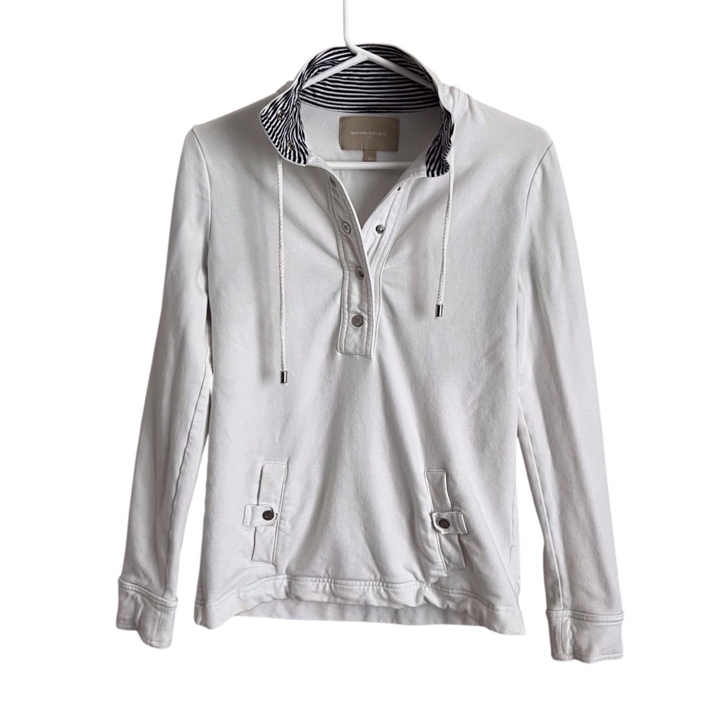 Banana Republic White Pullover Quarter Snap Sweatshirt Coastal Nautical Size XS